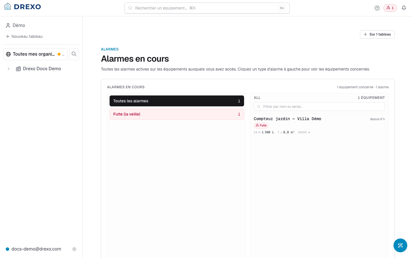Drexo Alarms page with the type pane on the left and the device pane on the right