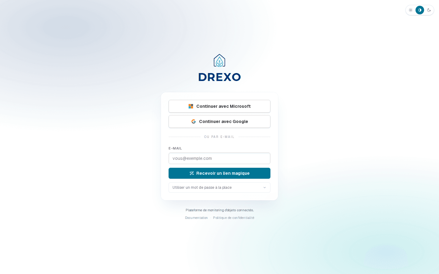 Drexo /login page with the three sign-in methods (Microsoft, Google, magic link)
